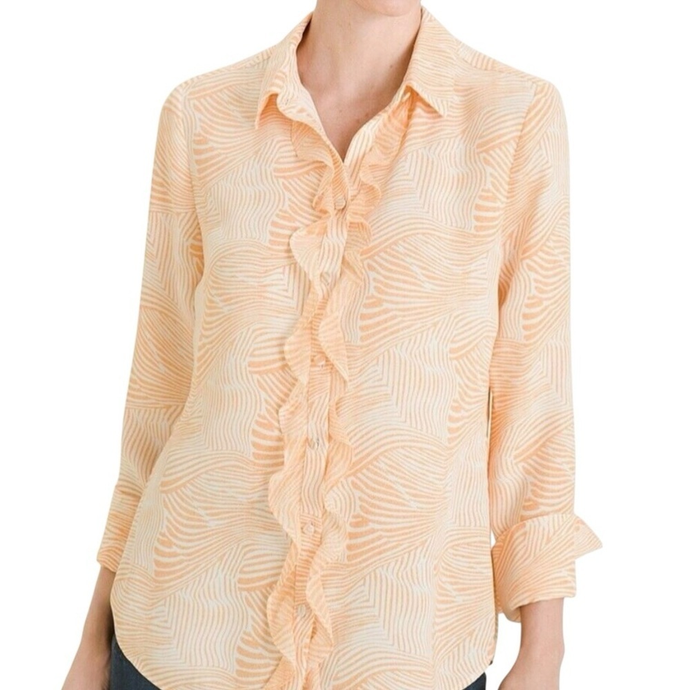 Chico's Peach & Cream Ruffle-Front zebra print stretchy Blouse size large/2
